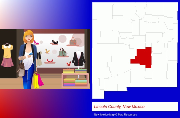 a woman shopping in a clothing store; Lincoln County, New Mexico highlighted in red on a map