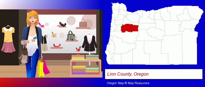 a woman shopping in a clothing store; Linn County, Oregon highlighted in red on a map