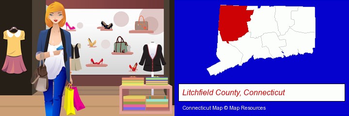 a woman shopping in a clothing store; Litchfield County, Connecticut highlighted in red on a map