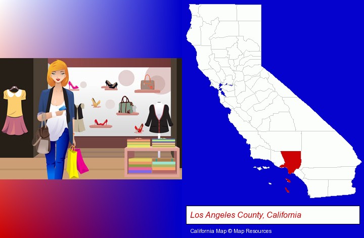 a woman shopping in a clothing store; Los Angeles County, California highlighted in red on a map