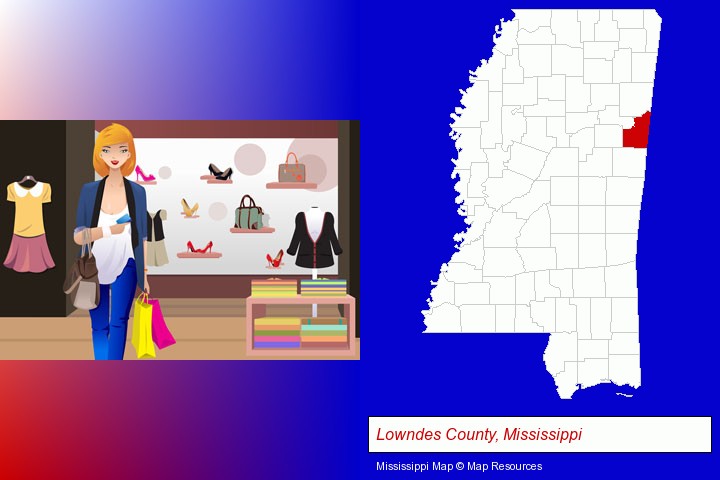 a woman shopping in a clothing store; Lowndes County, Mississippi highlighted in red on a map