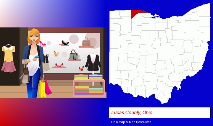 a woman shopping in a clothing store; Lucas County, Ohio highlighted in red on a map