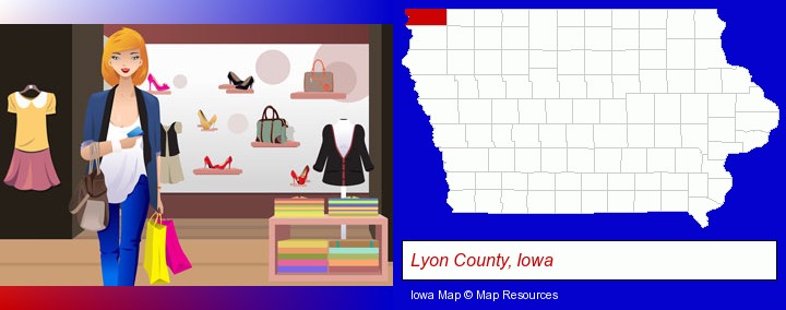 a woman shopping in a clothing store; Lyon County, Iowa highlighted in red on a map