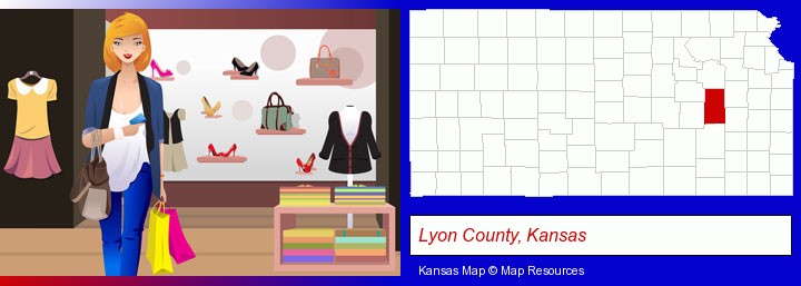 a woman shopping in a clothing store; Lyon County, Kansas highlighted in red on a map