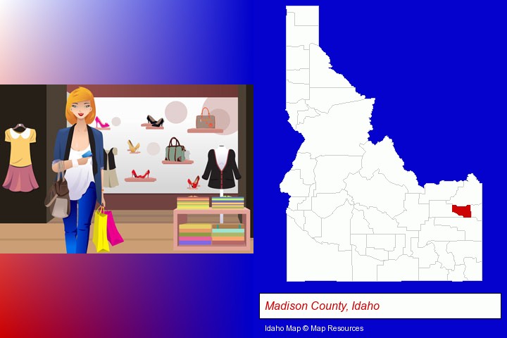 a woman shopping in a clothing store; Madison County, Idaho highlighted in red on a map