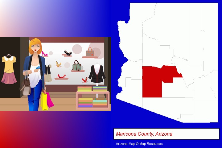 a woman shopping in a clothing store; Maricopa County, Arizona highlighted in red on a map