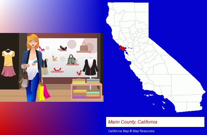 a woman shopping in a clothing store; Marin County, California highlighted in red on a map