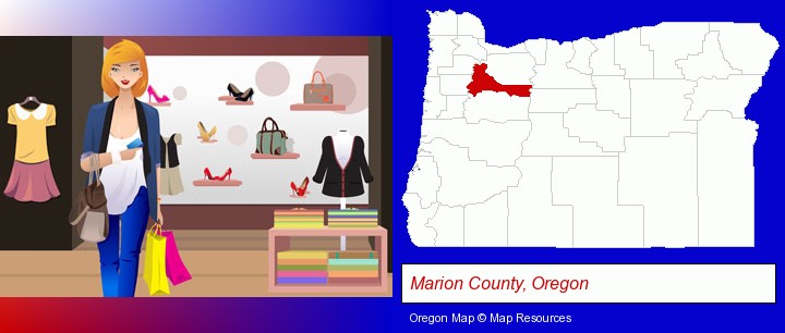 a woman shopping in a clothing store; Marion County, Oregon highlighted in red on a map