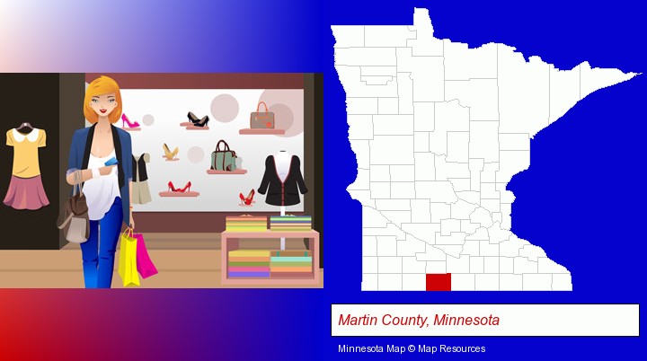 a woman shopping in a clothing store; Martin County, Minnesota highlighted in red on a map