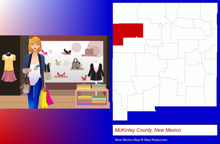 a woman shopping in a clothing store; McKinley County, New Mexico highlighted in red on a map