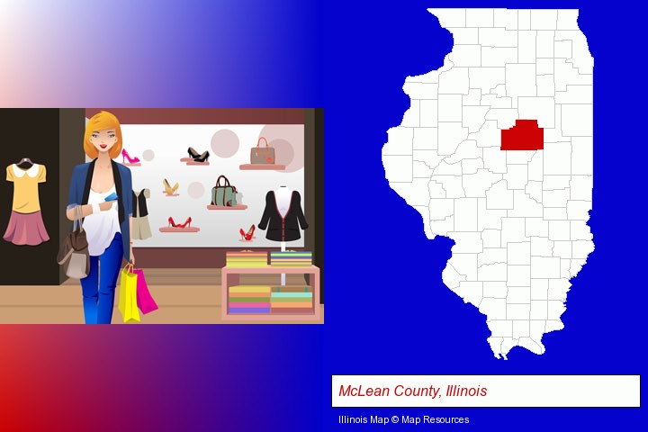 a woman shopping in a clothing store; McLean County, Illinois highlighted in red on a map