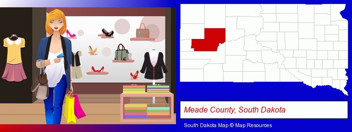 a woman shopping in a clothing store; Meade County, South Dakota highlighted in red on a map