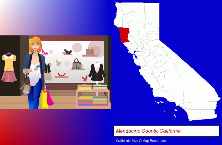 a woman shopping in a clothing store; Mendocino County, California highlighted in red on a map