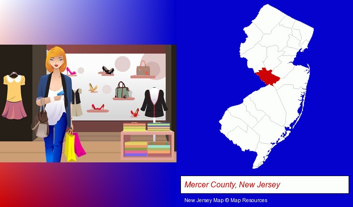 a woman shopping in a clothing store; Mercer County, New Jersey highlighted in red on a map