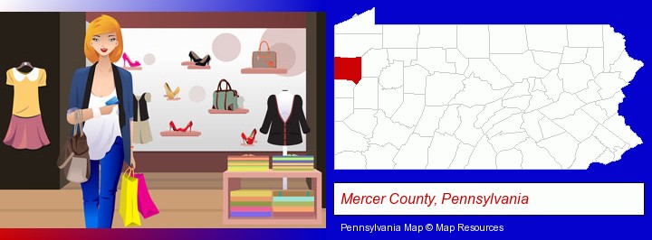 a woman shopping in a clothing store; Mercer County, Pennsylvania highlighted in red on a map