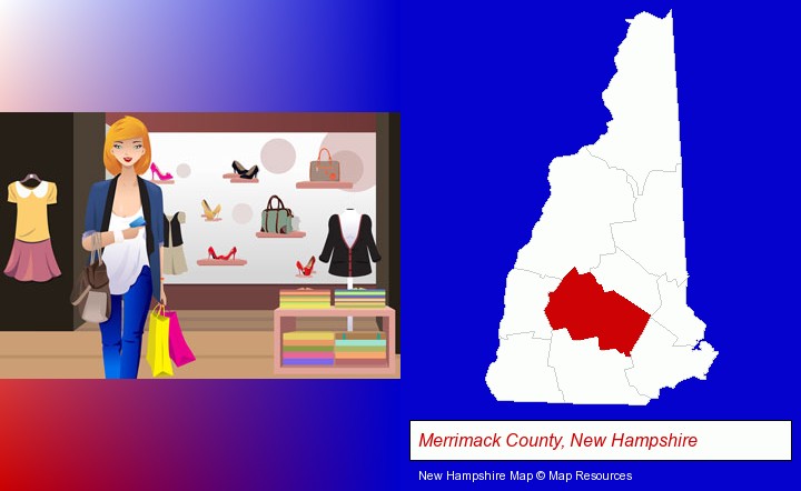 a woman shopping in a clothing store; Merrimack County, New Hampshire highlighted in red on a map