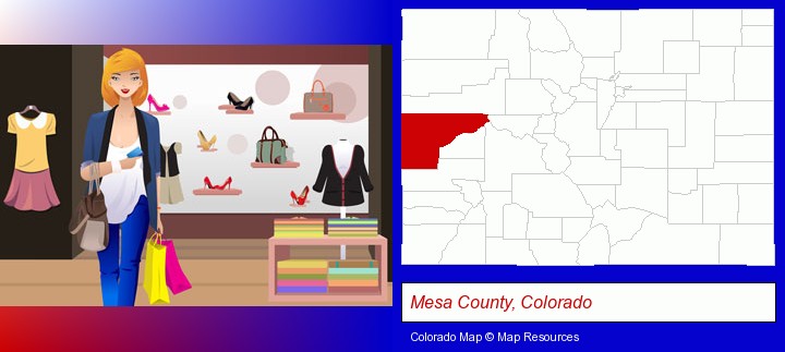 a woman shopping in a clothing store; Mesa County, Colorado highlighted in red on a map