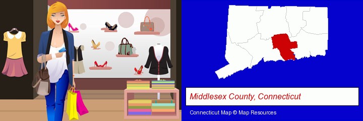 a woman shopping in a clothing store; Middlesex County, Connecticut highlighted in red on a map