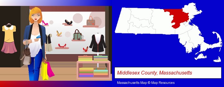 a woman shopping in a clothing store; Middlesex County, Massachusetts highlighted in red on a map