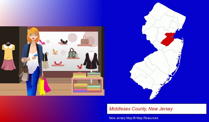 a woman shopping in a clothing store; Middlesex County, New Jersey highlighted in red on a map