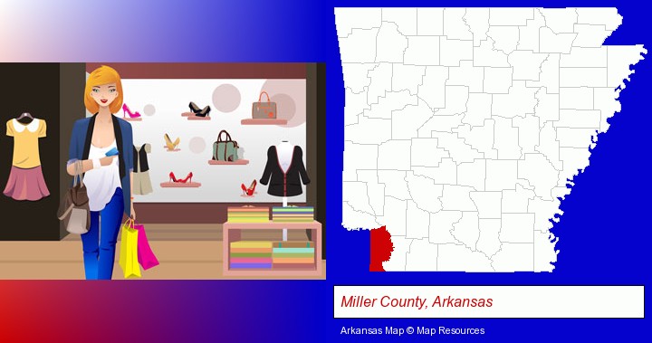 a woman shopping in a clothing store; Miller County, Arkansas highlighted in red on a map