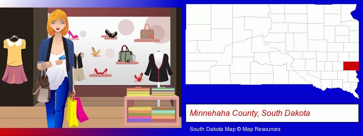 a woman shopping in a clothing store; Minnehaha County, South Dakota highlighted in red on a map