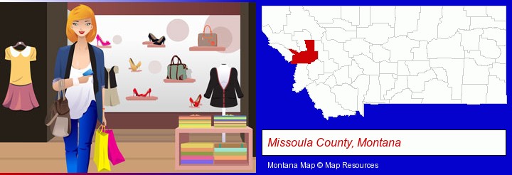 a woman shopping in a clothing store; Missoula County, Montana highlighted in red on a map