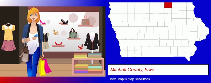 a woman shopping in a clothing store; Mitchell County, Iowa highlighted in red on a map
