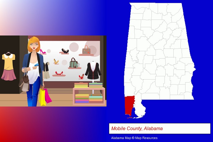 a woman shopping in a clothing store; Mobile County, Alabama highlighted in red on a map