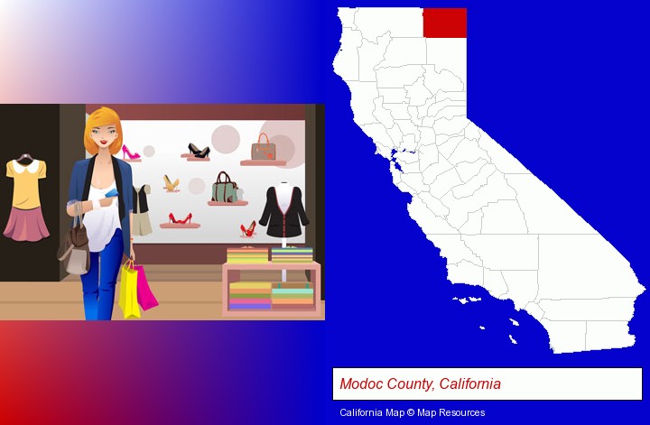 a woman shopping in a clothing store; Modoc County, California highlighted in red on a map