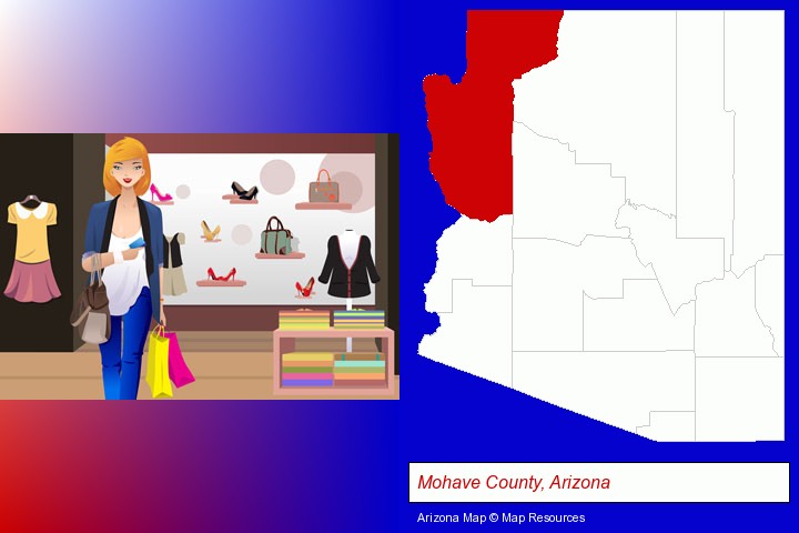 a woman shopping in a clothing store; Mohave County, Arizona highlighted in red on a map