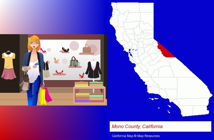a woman shopping in a clothing store; Mono County, California highlighted in red on a map