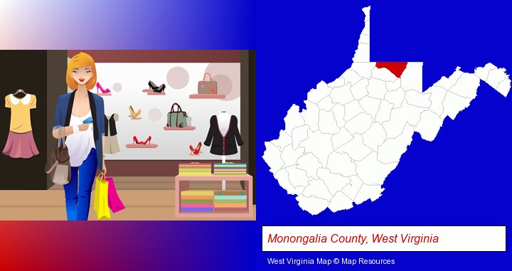 a woman shopping in a clothing store; Monongalia County, West Virginia highlighted in red on a map