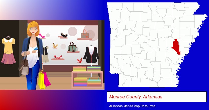 a woman shopping in a clothing store; Monroe County, Arkansas highlighted in red on a map