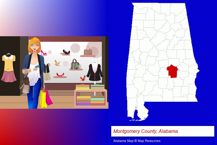 a woman shopping in a clothing store; Montgomery County, Alabama highlighted in red on a map