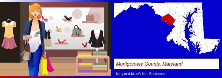 a woman shopping in a clothing store; Montgomery County, Maryland highlighted in red on a map