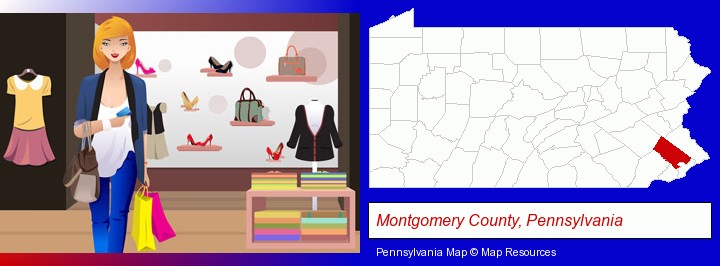 a woman shopping in a clothing store; Montgomery County, Pennsylvania highlighted in red on a map