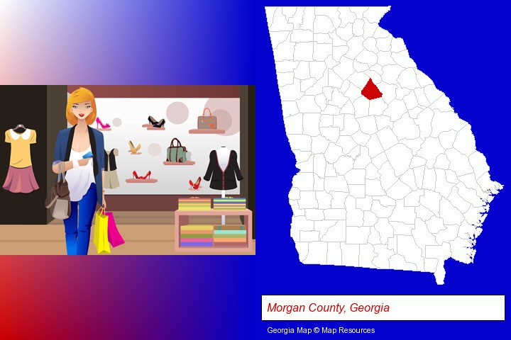 a woman shopping in a clothing store; Morgan County, Georgia highlighted in red on a map