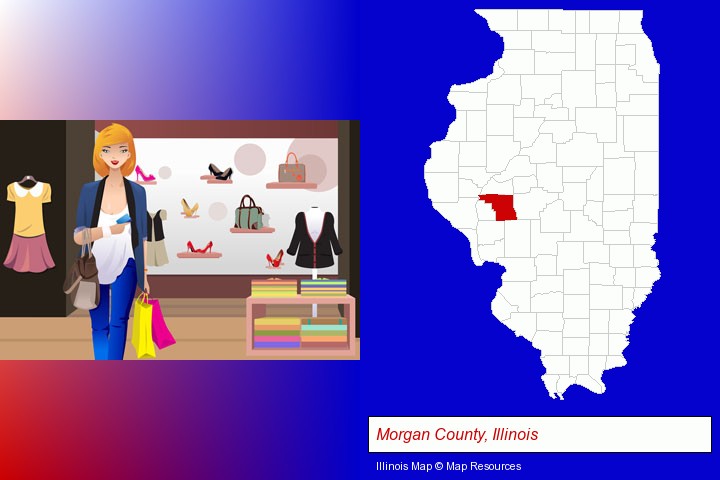 a woman shopping in a clothing store; Morgan County, Illinois highlighted in red on a map