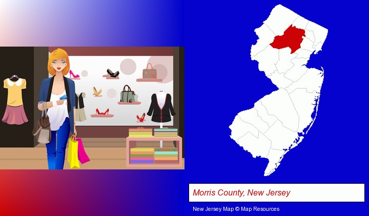 a woman shopping in a clothing store; Morris County, New Jersey highlighted in red on a map