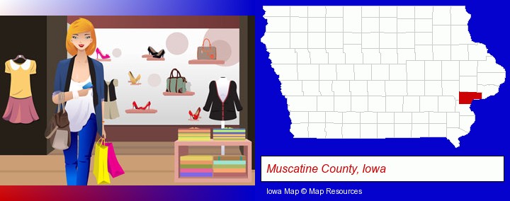 a woman shopping in a clothing store; Muscatine County, Iowa highlighted in red on a map