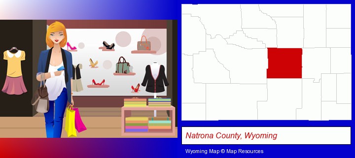 a woman shopping in a clothing store; Natrona County, Wyoming highlighted in red on a map