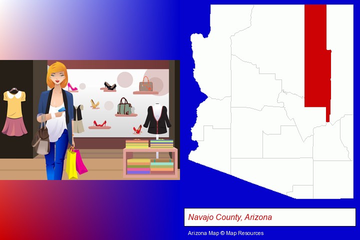 a woman shopping in a clothing store; Navajo County, Arizona highlighted in red on a map
