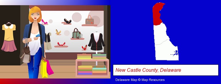 a woman shopping in a clothing store; New Castle County, Delaware highlighted in red on a map