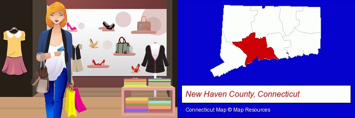 a woman shopping in a clothing store; New Haven County, Connecticut highlighted in red on a map