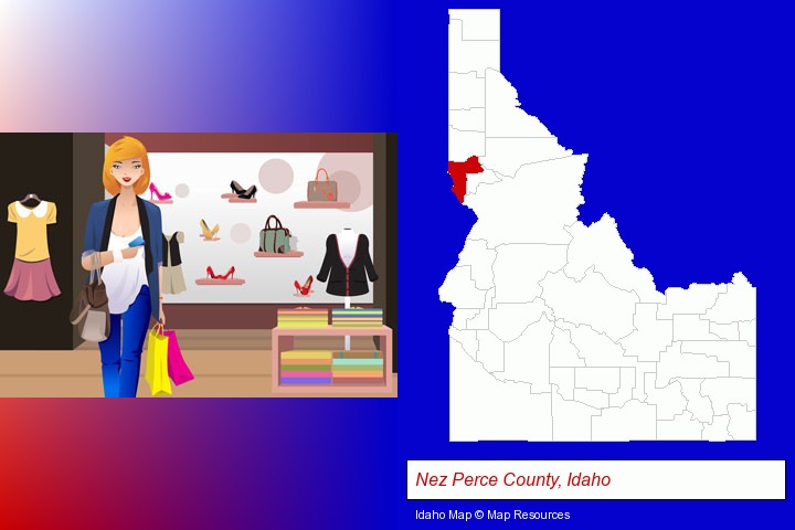 a woman shopping in a clothing store; Nez Perce County, Idaho highlighted in red on a map
