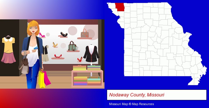 a woman shopping in a clothing store; Nodaway County, Missouri highlighted in red on a map