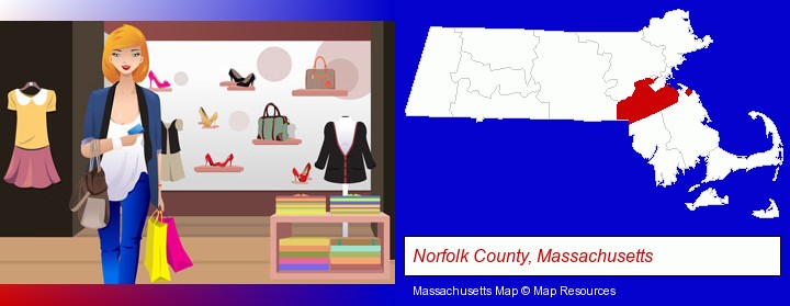 a woman shopping in a clothing store; Norfolk County, Massachusetts highlighted in red on a map