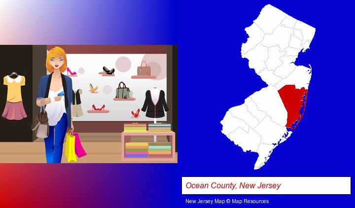 a woman shopping in a clothing store; Ocean County, New Jersey highlighted in red on a map
