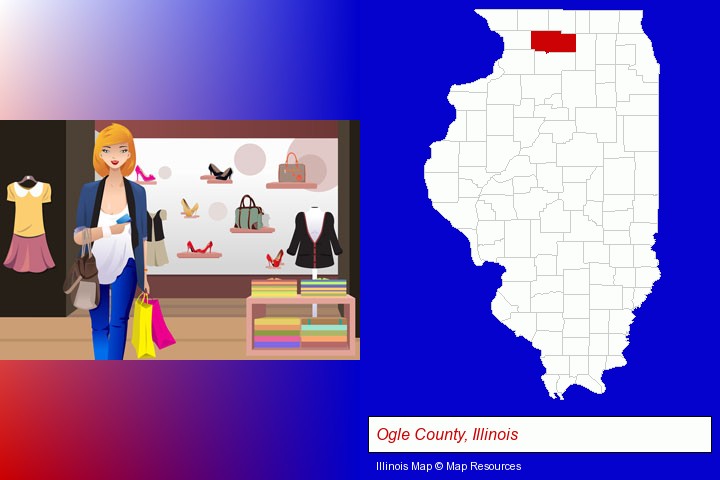 a woman shopping in a clothing store; Ogle County, Illinois highlighted in red on a map